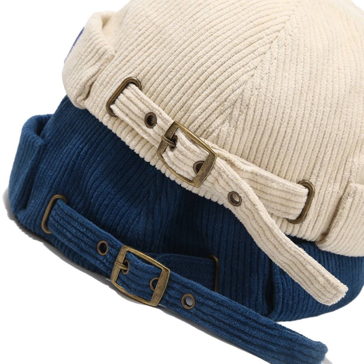 Corduroy Sailor Hat - Brimless Design With Rolled Cuff And Adjustable Strap